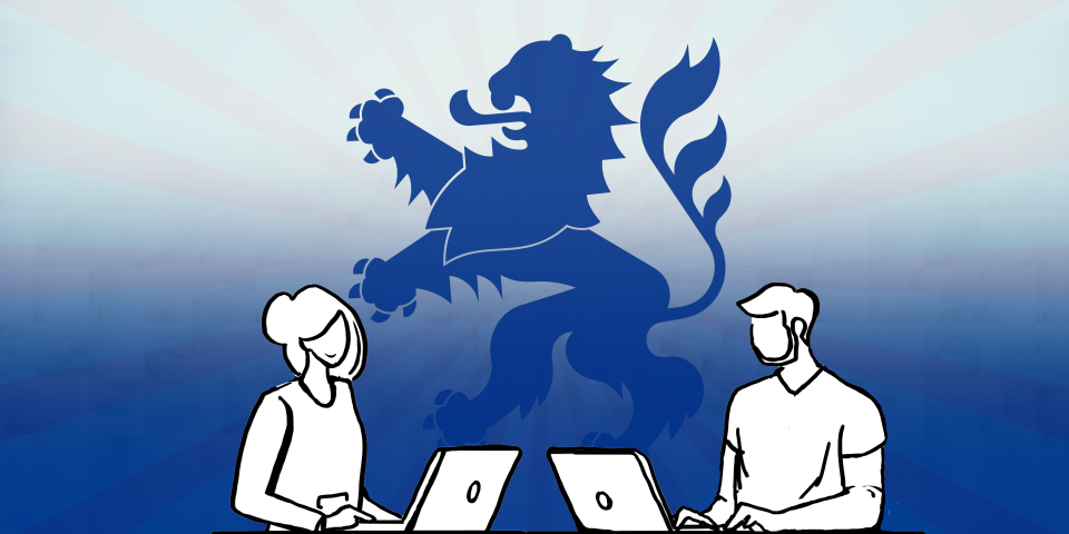 Startbild Video Verwaltungsportal Hessen: Gezeichnete Szene zeigt zwei Personen, die vor Laptops sitzen, im Hintergrund der Hessen-Löwe in blauer Farbe